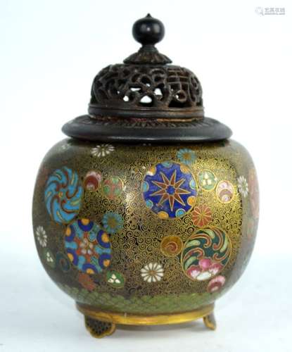 Antique Japanese Cloisonne Censer & Wood Cover