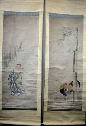 Pr Fine 18thC Chinese Paintings; Scholar & Rooster