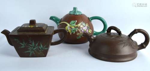 3 Chinese Yixing Teapots, 2 with Enameling