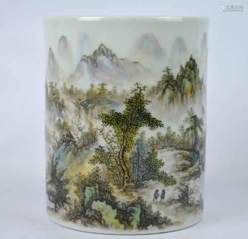 Chinese Enameled Landscape Brush Pot