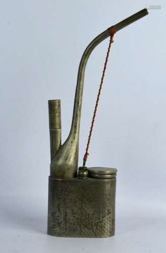 19th C Chinese Incised White Bronze Water Pipe