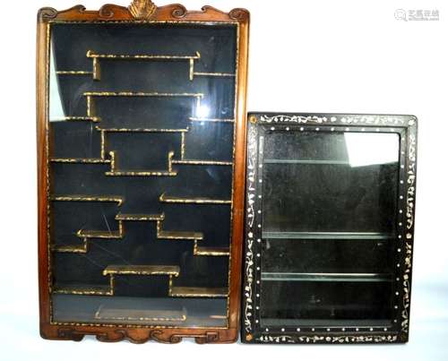 2 - Chinese Carved & Inlaid Hanging Curio Cabinets