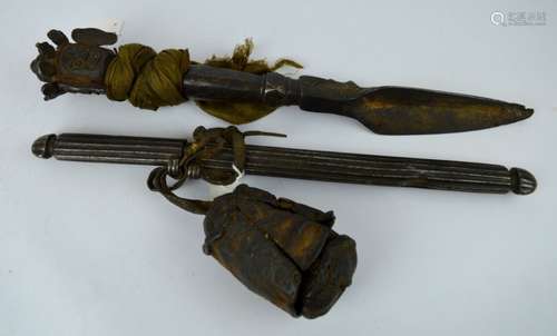 18thC Tibet Iron Phurba Daggar & Pen & Ink Holder