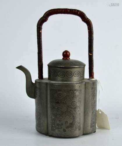 19th C Chinese Incised Pewter Teapot & Cover