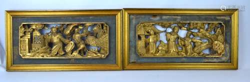 Pair 19th C Chinese Carved Gold Lacquer Panels