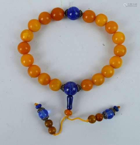 18 Bead Butterscotch Amber Bracelet w Lapis