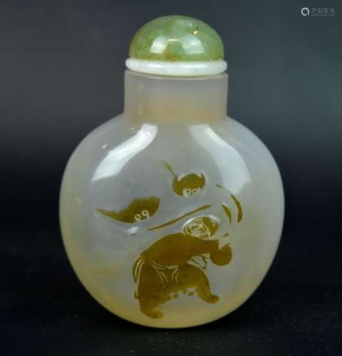 19th C Chinese Well Carved Agate Silhouette Snuff