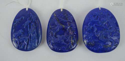 3 Old Chinese Carved Lapis Lazuli Pendants