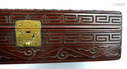 Fine Antique Chinese Carved Tixi Lacquer Box & Cover