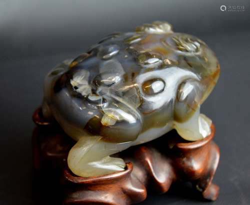 Large Chinese Carved Agate Toad on Hardwood Stand