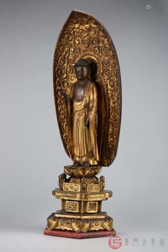 019：清代.49公分高厚实木胎漆金精工圆雕镂雕背光释迦摩尼佛坐像