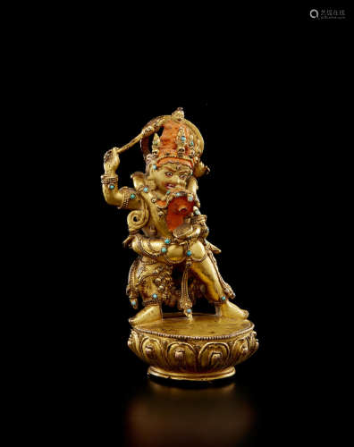 西藏 约十七世纪 铜鎏金红阎摩敌像