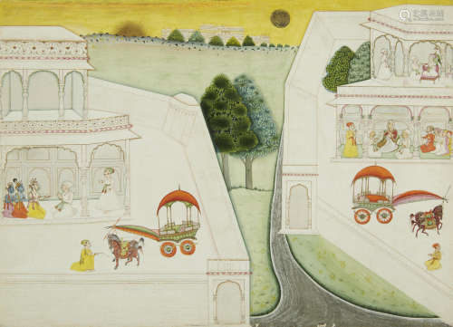 An illustration from a bhagavata purana series: Krishna and Balarama seek news of the Pandavas Bikaner, circa 1700-1710