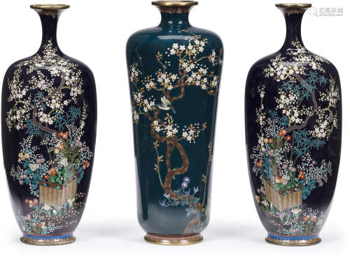 A pair of cloisonné-enamel vases and another cloisonné-enamel vase All by the Daikichi workshop, Meiji era (1868-1912)