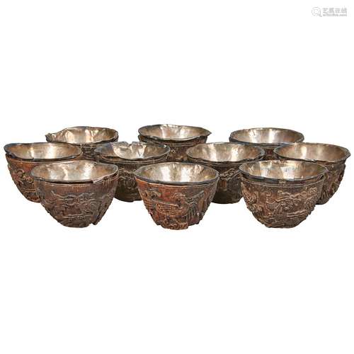 Set of Ten Chinese Silver Lined Coconut Wine Cups Late Ming Dynasty