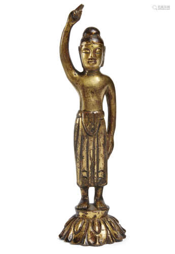 A gilt-bronze model of Tanjobutsu (Shaka at birth) Hakuho (646-710) or Nara (710-794) period, 7th-8th century