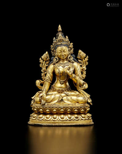 尼泊尔 约十五世纪 铜鎏金七目度母像