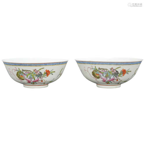 Pair of Chinese Famille Rose Enameled Porcelain Bowls 20th Century