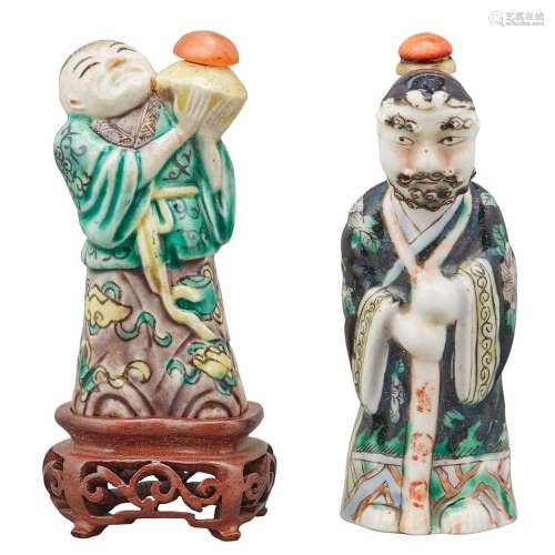 Two Chinese Famille Verte Glazed Molded Porcelain Figural Snuff Bottles Qing Dynasty