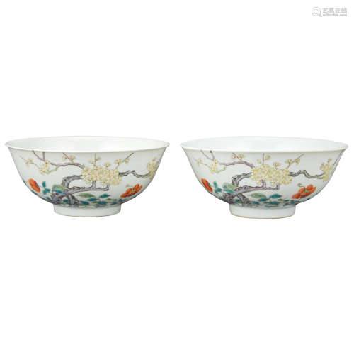Pair of Chinese Enamel Porcelain Bowls Qing Dynasty