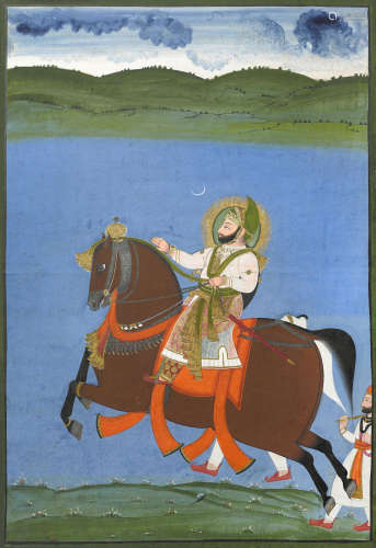 A large equestrian portrait of Maharana Jawan Singh By Ghasi, Mewar, circa 1830
