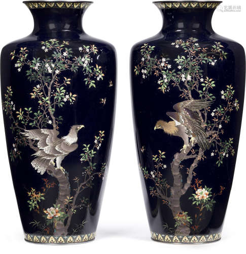 A large pair of cloisonné-enamel vases Attributed to the workshop of Hayashi Kodenji (1831-1915), Meiji era (1868-1912), late 19th century