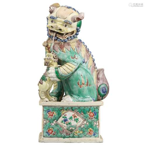 Chinese Famille Verte Glazed Porcelain Fu Lion and Pup 19th Century