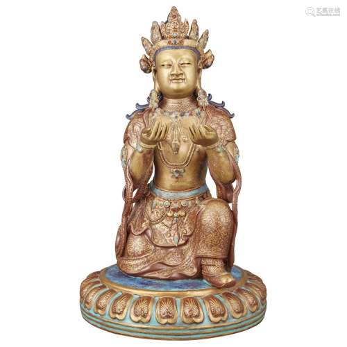 Chinese Gilt Decorated and Enameled Porcelain Figure of Bodhisattva