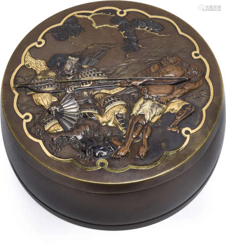 A circular bronze box and cover By Inoue of Kyoto, Meiji era (1868-1912), late 19th century