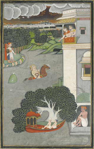 A king fording a lake to his beloved Bundi, circa 1770-1780