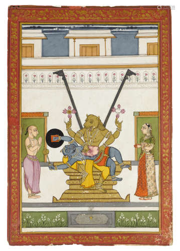 An illustration from an avatar series:Narasimha disembowls Hiranyakashipu Hyderabad, circa 1800