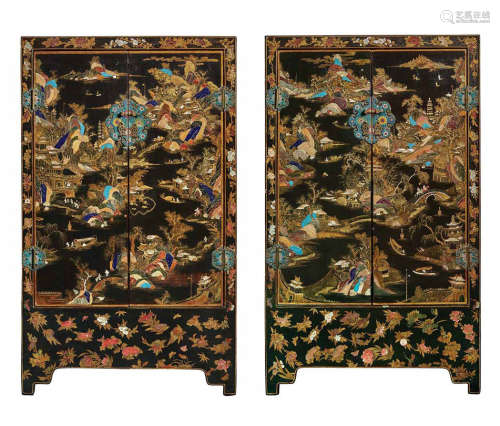 Pair of Chinese Inlaid Black Lacquer Cabinets