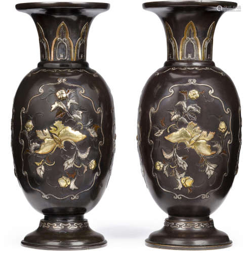 A pair of bronze vases with mixed metal decoration By Jomi Eisuke, Meiji era (1868-1912), late 19th-early 20th century