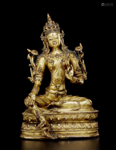 西藏 十四世纪 铜鎏金绿度母像