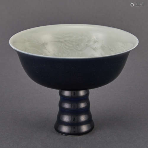Chinese Blue Glazed Porcelain Stembowl Qing Dynasty