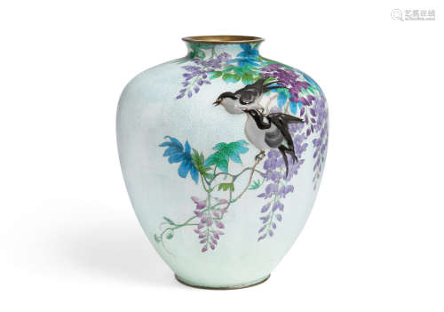 A large and rare moriage and ginbari cloisonné-enamel vase By Ota Hyozo, Meiji era (1868-1912), late 19th century