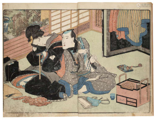Utagawa School (19th century) Two woodblock printed shunga ehon (erotic printed books)