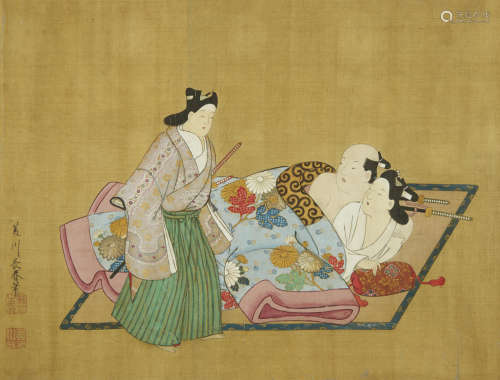 Miyagawa Choshun (1683-1753) A RARE AND IMPORTANT NANSHOKU (MALE-MALE) SHUNGA HANDSCROLL Edo period (1615-1868), early 18th century