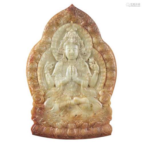 Chinese Celadon and Russet Jade Buddhist Plaque