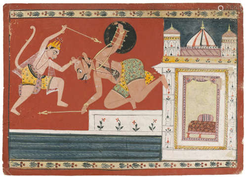 Folio 71 from a Ramayana series:Kumbhakarna Downed by Hanuman's Blow Orchha, circa 1650-1660