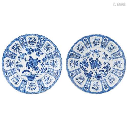 Pair of Chinese Blue and White Glazed Porcelain Dishes Kangxi Mark and of the Period