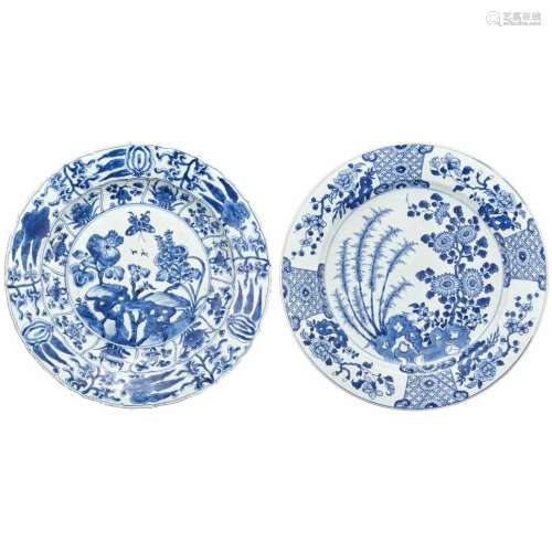 Two Chinese Blue and White Glazed Porcelain Chargers 18th Century