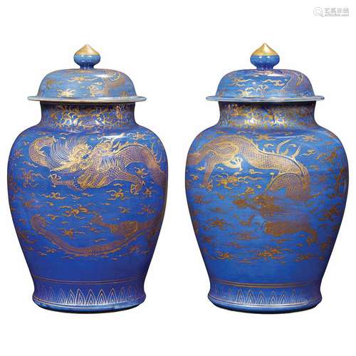 Two Similar Chinese Gilt over Powder Blue Glazed Covered Vases 19th Century