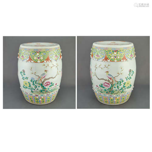 Pair of Chinese Famille Rose Glazed Porcelain Garden Stools