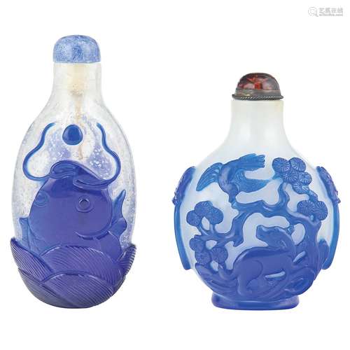 Two Chinese Blue Overlay Glass Snuff Bottles Qing Dynasty