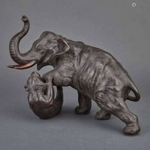 Japanese Bronze Elephant and Tiger Group 20th Century