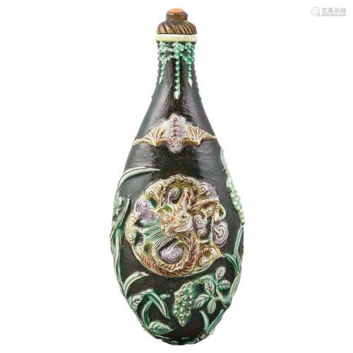 Chinese Famille Noir Glazed Molded Porcelain Snuff Bottle 19th Century