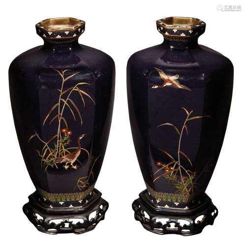 Pair of Japanese Cloisonne Enamel Vases Meiji Period