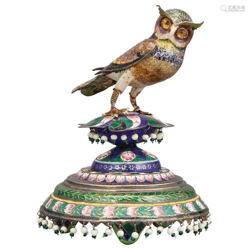 Indian Enameled Silvered Metal Owl 19th Century