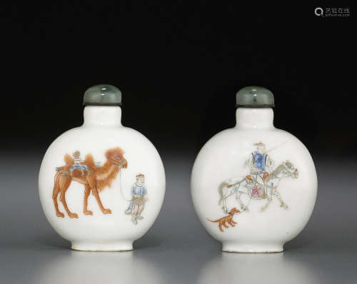1821-1850年 清道光 御制瓷胎釉彩满人狩猎图鼻烟壶